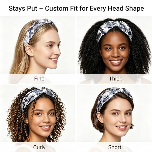 ZLYC Mulberry Silk Headband Elastic Twist Knotted Head Bands for Women's Hair, Floral Navy and White - color: Floral Navy and White