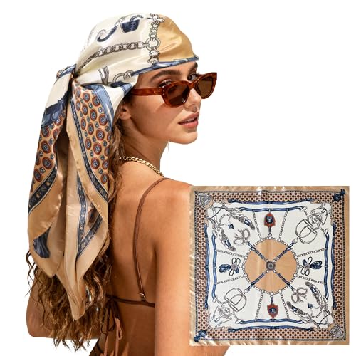 Large Square Head Scarf Bandana - 35" Satin Hair Scarf for Women Like Silk Scarf Fashion Hair Wrapping - color: Equestrian Chain(khaki), size: 35IN*35IN