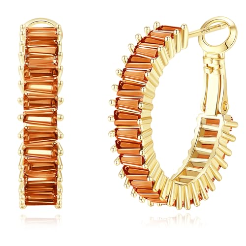 Trendy 14K Gold Plated Hoop Earrings for Women, Chunky Gold/Silver Earrings for Women Cubic Zirconia Baguette Hoop Earrings Heart Hoops Lightweight Hypoallergenic Jewelry,25mm/35mm/40mm/50mm - color: 01 Gold Burnt Orange Hoops 25mm
