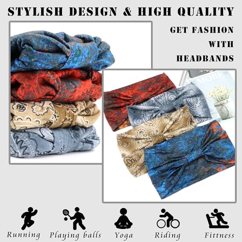 FULZTEY Boho Headbands for Women Fashion Paisley Head Band Floral Wide Headwraps Large African Thick Turban Non Slip Yoga Workout Sweat Hairband Knotted Bandanas for Hair Accessories 4Pcs - color: Style 110