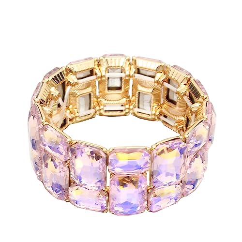 Women’s Wedding Bridal Crystal Leaf Flower Stretch Bangle Elastic Wide Bracelet Jewelry for Brides Bridesmaid - color: Style2-Violet-Gold Plated