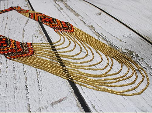 Handmade Native American Style Tribal ethnic Seed Bead Beaded Layered Medallion Necklace #1 - color: Red