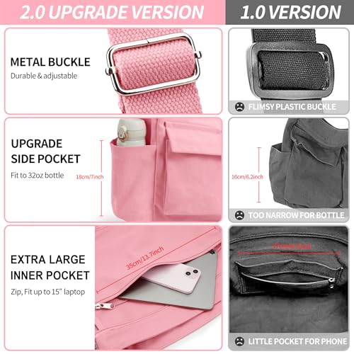 KALIDI Canvas Tote Bag Large Hobo Crossbody Shoulder Handbag Zipper Messenger Bag for Women or Men Casual College Work - color: Upgraded Pink