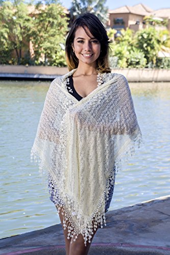 Cindy & Wendy Lightweight Soft Leaf Lace Fringe Scarf Bridal Shawl for Women - color: Beige - Sh