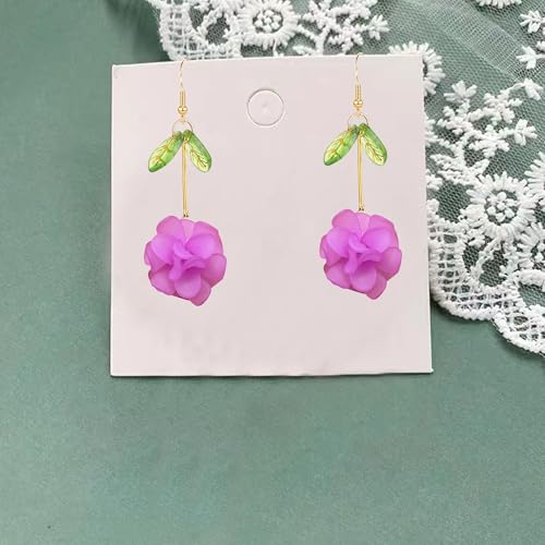 Resin Flower Cluster Ball Dangle Drop Earrings for Women Spring Summer Bohemian Floral Petal with Green Leaf Earrings Vacation Party Jewelry - color: Violet
