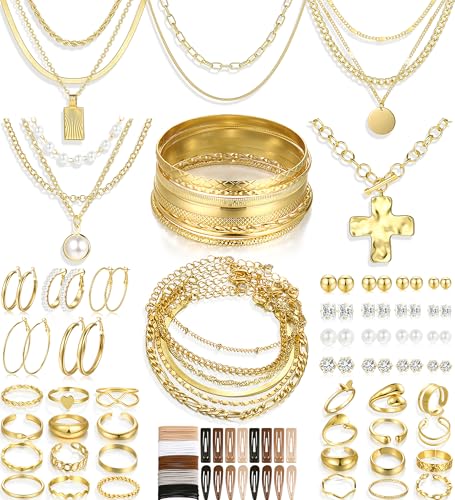 FAXHION 68 Pcs Gold Jewelry Set for Women with 7 Necklace, 17 Bracelet, 5 Hoop Earrings, 15 Stud Earrings, 24 Knuckle Rings for Women Jewelry Set for Women Gift - color: chunky jewelry pack