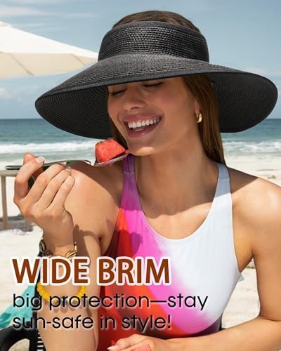 Womens Sun Visor Hats Wide Brim Straw Beach Hat UV Protection Ponytail Packable Beach Vacation Essentials - color: Black