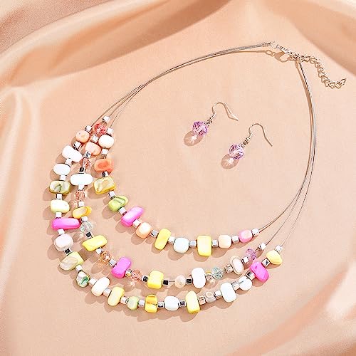 3 Layered Chunky Statement Necklace for Women Beaded Strand Necklaces with Earring Fashion Costumes Collar Necklace Jewelry Sets Gifts for Women - color: 50-Light colorful