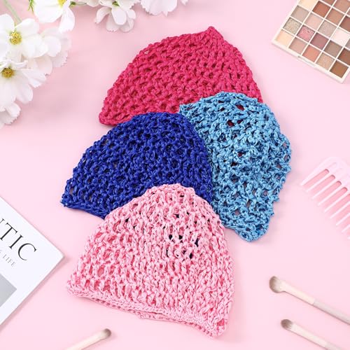 Geyoga 4 Pieces Mesh Crochet Hair Net Rayon Knit Snood Hat Thick Short Women Hairnet Snoods Cover Ornament for Sleeping (Royal Blue, Sky Blue, Rose Red,Pink) - color: Royal Blue, Sky Blue, Rose Red ,Pink