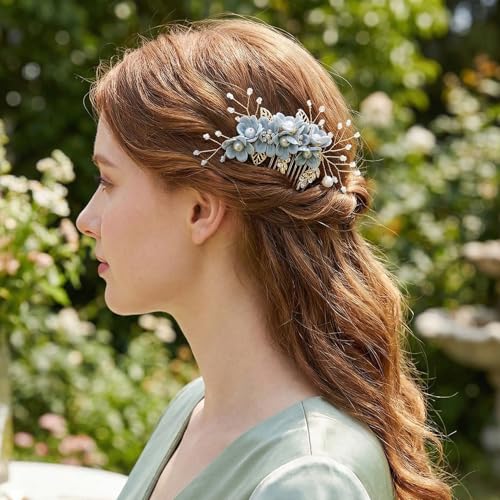 HINZIC 4pcs Camellia Flower Tassels Hairpin, Crystal Pearl Hair Comb, Blue | Non-Slip, 4 Styles, Alloy Made, Adorned with Rhinestones and Pearl, for Wedding, Brides, Parties, for Long Hair - color: Blue-4pcs