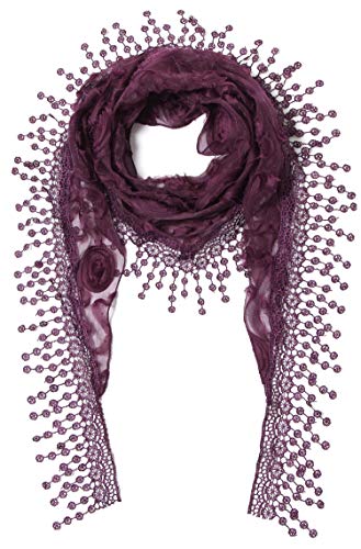Cindy & Wendy Floral Embroidered Lace Triangle Scarf for Women - color: Purple