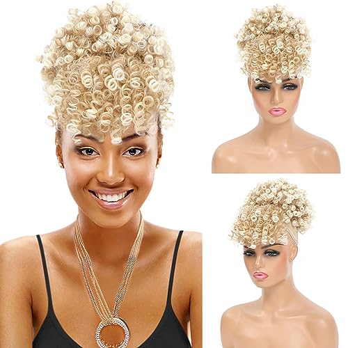 Drawstring Ponytail with Bangs Afro Puff Ponytail Extensions for Women Short Curly Puff Ponytail with Bangs Clip in Wrap Updo Hairpiece for Women (T27/613) - color: T27/613
