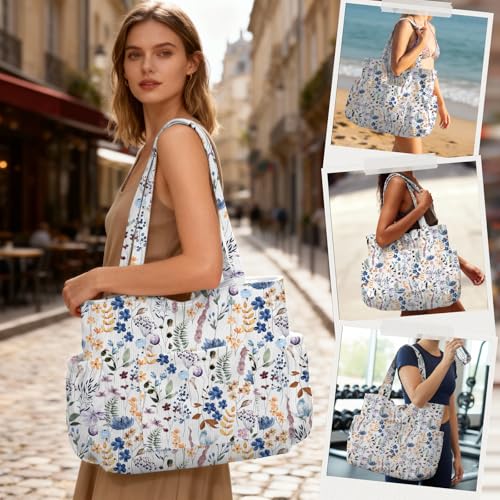 Corduroy Tote Bag for Women,Large Capacity Cute Tote Bags With 6 Pockets,Crossbody Shoulder Handbag for Work Travel Gym - color: Blue Watercolor Flowers