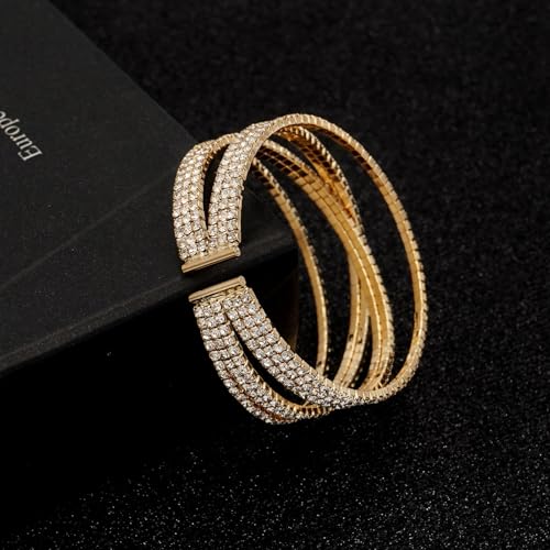 Women's Multi-Layer Rhinestone Cuff Bracelet Sparkling Crystal Tennis Bangle for Bridal Wedding Party - color: 1203 Gold