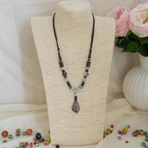 Adjustable Ceramic Beaded Necklace for Women, Boho Handmade Flower Pendant Necklace, Hippie Jewelry for Mom and Wife - color: Deep Green and Red, style: Bohemian