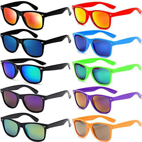 Eyegla Sunglasses Bulk Party Sunglasses Pack 80s Shades Eyewear Set for Men Women 8/10/20/30Pack - color: Black /Colorful Frame+mix Mirror Lens 10 Pack