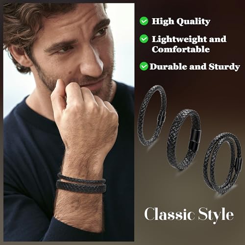 3Pcs Genuine Italian Braided Leather for Men Women Leather Wrist Cuff Bracelets Black Brown Stainless Steel Clasp Wrap Wristband 7.5-9 Inches - color: Black