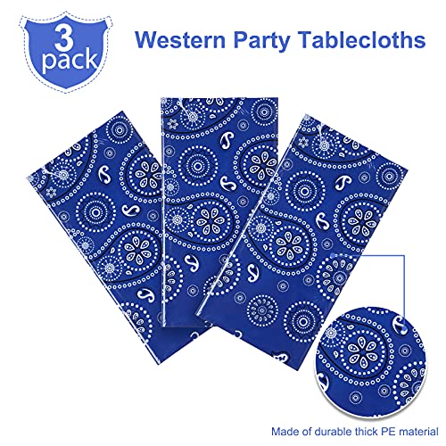 Western Party Tablecloth Paisley Table Cover Bandana Plastic Table Cloth Rectangle Floral Tablecloth for Western Cowboy Themed Party Decorations, 108 X 54 Inches (Blue, 3 Pack) - color: Blue
