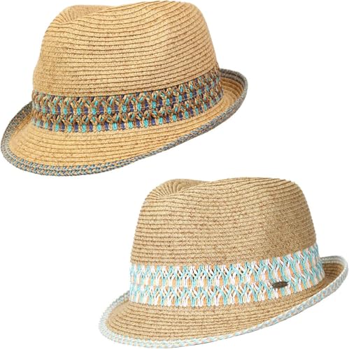 Funky Junque Straw Fedora Hats for Women - UPF 50+ Sun Hat, Short Brim Packable Beach Hat with Woven Pattern - color: 2 Pack - Blue & Aqua