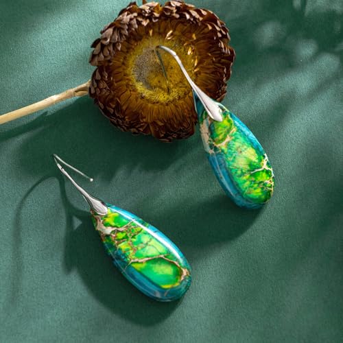 SELOVO Stone Fishhook Dangle Drop Earrings Statement Earrings for Women Stone - color: Blue&Green-Silver Color Hook