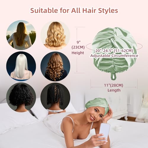 Adjustable Silk Satin Hair Bonnet for Sleeping Women, Double Layer, Silk Hair Wrap for Sleeping Women Men, Curly Natural Braid Straight Unisex - Green - color: Green