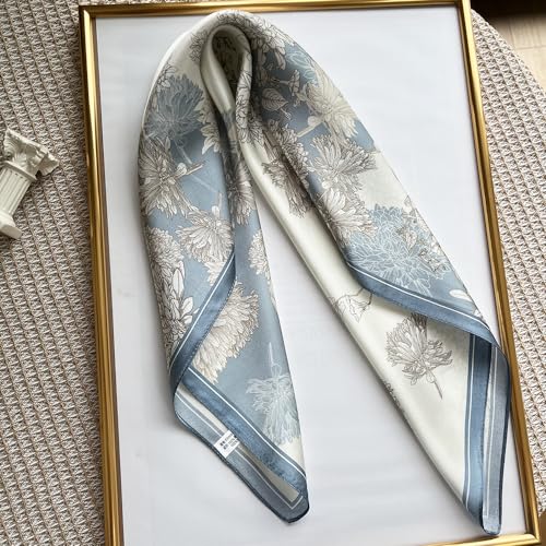 FONYVE 100% Mulberry Silk Scarfs for Women-Lightweight Square Satin Head Scarf-Small Silk Hair Scarf for Sleeping 21"x21" - color: 12 Blue Chrysanthemum