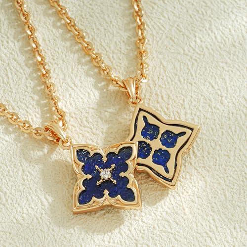 Fettero Gold Clover Necklace for Women Dainty 14K Gold Plated CZ Pendant Necklace Adjustable Chain Choker Charm Colorful Clover Pendant Lucky Necklaces for Women Jewelry - color: Dark-blue