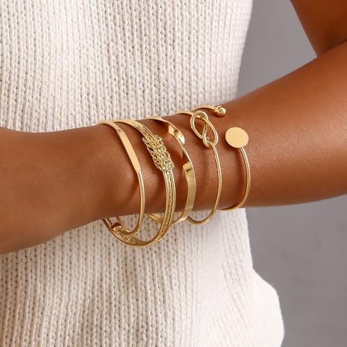 Gold Bangles for Women, 12 Pcs Boho Stackable Bracelets Multi Layer Textured Chunky Bracelets Jewelry Set for Women - color: 5 pcs gold bangles