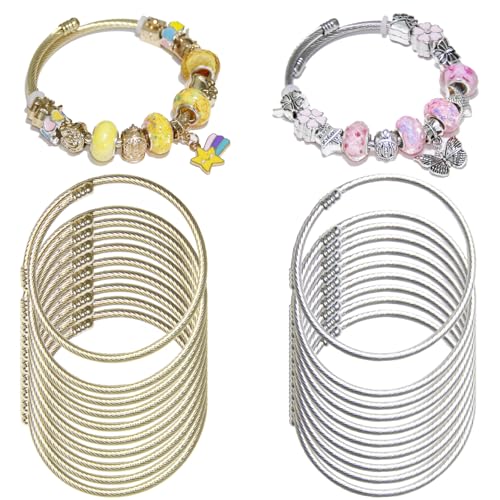 Exway 20 Pcs Elastic charm Bracelet chain Stainless Steel Cable Wire Twisted Cuff Bangle Bracelet Gold And Sliver charm Bracelets Kit for Crafts DIY Women Jewelry Making - color: gold+silver style D, size: 7.0in