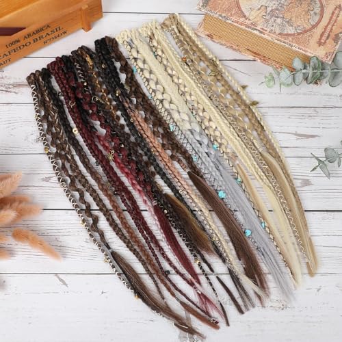 REECHO Clip in Braid Hair Extensions for Women, 16" Boho Dreadlock Clip in Braids with Beads & Charms, 2PCS Synthetic Braided Hairpieces for Cosplay Daily, Black with Gray - color: Black with Gray, size: 16 Inch