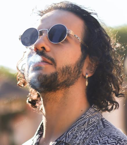 AIEYEZO Round Steampunk Sunglasses for Men Women Retro Circle Hippie Glasses Metal Frame 100% UV Blocking Lens - color: Silver/Grey
