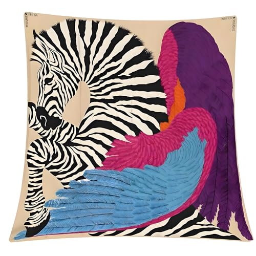 Premium Floral Scarf for Women 35x35 Square Silk Feel-Lightweight Scarves Headscarf Bandanas Wrapping Handbag - color: Zebra Pegasus (Cream/Pink/Purple)