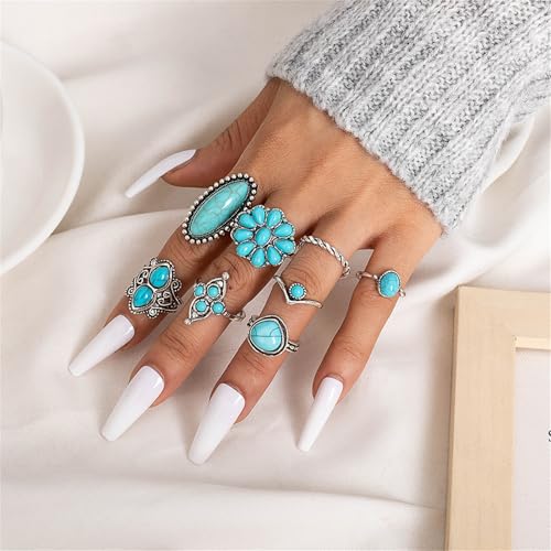 Bohemian Turquoise Ring Set for Women,Vintage Gem Turquoise Opal Joint Knuckle Stackable Rings Chunky Boho Midi Ring Pack Punk Western Ring Mixed Size - style: Style A