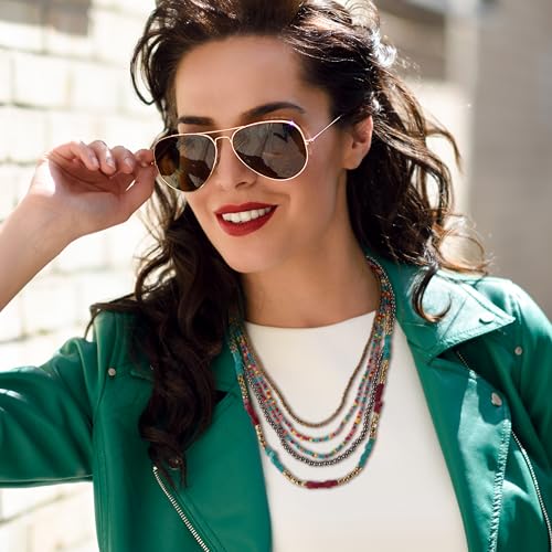 SPUNKYsoul Colorful Boho Multistrand Beaded Necklace — Layered Seed Beads in Black, Gold, Red, Teal and Navy for Effortless, Free-Spirited Style Varies 16-20 inches with 3 inch Extension Chain - style: "Zura" Teal Red Gold