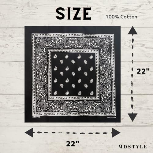 MDSTYLE 6 Pack 100% Cotton Bandanas 22” x 22" for Men & Women Paisley Handkerchief Headband Scarf Bandana - color: Navy Blue X2, Black X2, White X2