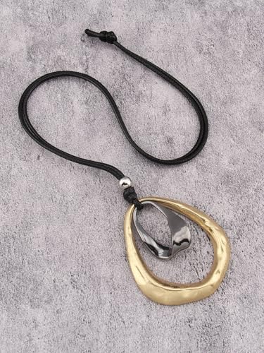 Kelake Leather Necklace for Women Men Teen Vinatge Boho Alloy Pendant Choker Jewelry Fashion Sweater Necklaces with Adjustable Genuine Leather Chain - color: Black Gold 2 Circles Pendant