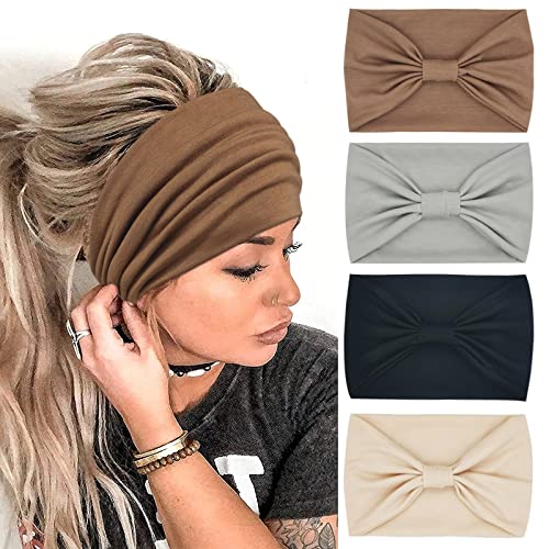YONUF Wide Boho Headbands for Women Fashion Knotted Headband Yoga Workout Hair Accessories African Head Wrap 4 Pack - color: Brown, Gray, Black, Khaki