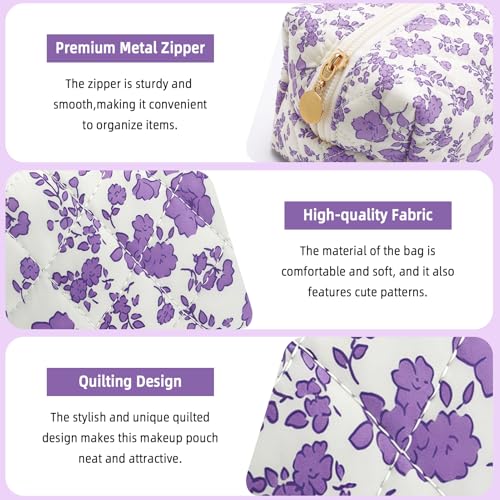 Small Makeup Bag Quilted Cosmetic Bag Floral Travel Toiletry Bags for Women Cute Pencil Case Quilted Makeup Pouch Aesthetic Coquette Cosmetic Pouch Cotton Make Up Bags Cute Zipper Pouches Purple - color: Ad-purple floer