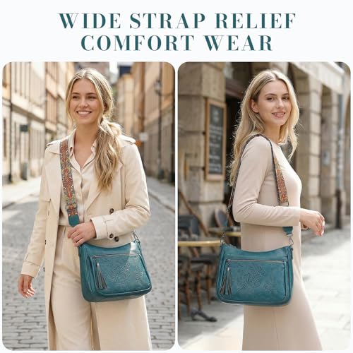Crossbody Bags for Women, Vegan Leather Medium Crossbody Purse, Spacious Daily Travel Shoulder Bag with Boho Strap - color: Peacock Blue