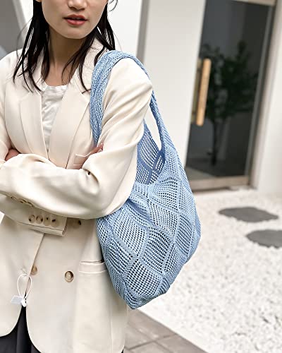 Crochet Mesh Beach Tote Shoulder Handbags Hobo Summer Aesthetic Women's Bag - color: Blue