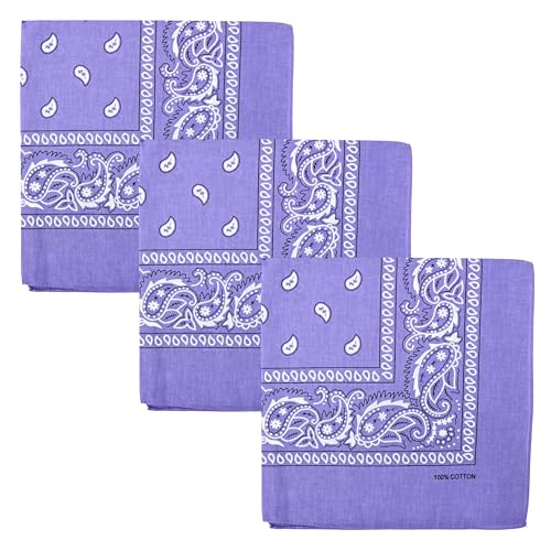 Motique Accessories Set of 3 Paisley Bandanas – 100% Cotton 22 Inch Head Scarf Neck Bandana Face Cover - color: Lavender