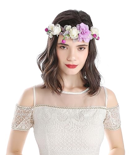 Vivivalue Floral Crown Headband Flower Headpiece Hair Wreath Floral Halo Boho with Ribbon Wedding Party Photos Prom Lavander - color: 75