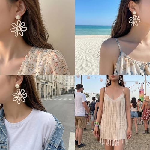 Woven Raffia Rattan Earrings for Women, Boho Flower Hoop & Drop Dangle Earrings Collection, Handmade Summer Beach Vacation Statement Earrings for Party Daily Wear - color: Raffia Flower Stud