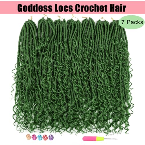 Goddess Locs Crochet Hair 7 Packs Bohemian Faux Locs Pre-Looped Braids, Boho Goddess Soft Locs Crochet Hair with Curly Ends Hair Extensions for Women (Dark Green#, 18Inch) - color: Dark Green#, size: 18 Inch