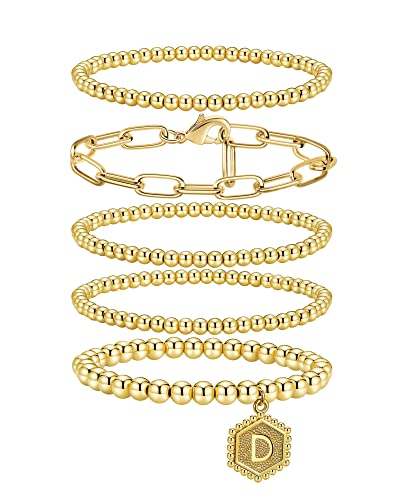 Gold Beaded Bracelet for Women - 14K Real Gold Plated Bead Bracelet Stretchable Elastic Chain Ball Bracelet Kit Jewelry Gifts with Letter Pendant - color: Gold-D