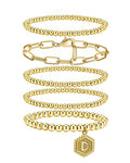 Gold Beaded Bracelet for Women - 14K Real Gold Plated Bead Bracelet Stretchable Elastic Chain Ball Bracelet Kit Jewelry Gifts with Letter Pendant - color: Gold-D