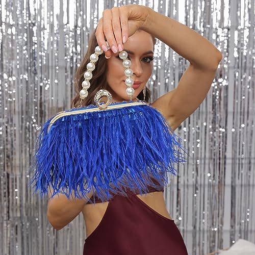 Women Real Natural Ostrich Feather Evening Bags Purses Clutch Vintage Banquet Handbag - color: Blue