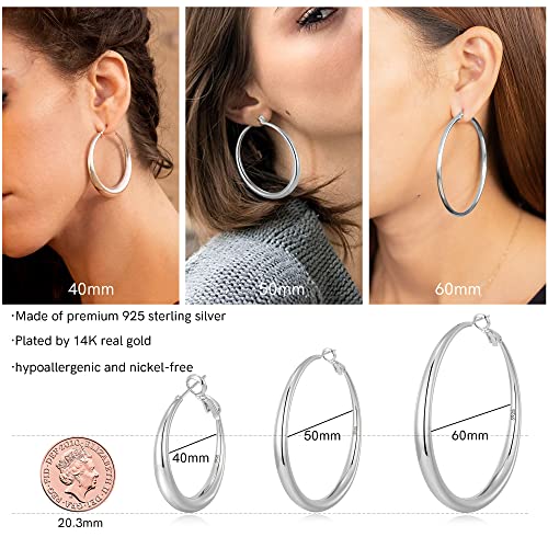 EXGOX Sterling Silver Hoop Earrings - Hypoallergenic, Lightweight, Chunky, 14K Real Gold Plated, Big Large Hoops for Women - color: 40/50/60mmSilver