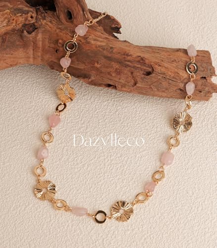 Long Gold Necklaces for Women Dainty Natural Stone Beaded Gold Necklace Mothers Day Gifts Boho Gold Costume Jewelry for Women - color: Pink Crystal