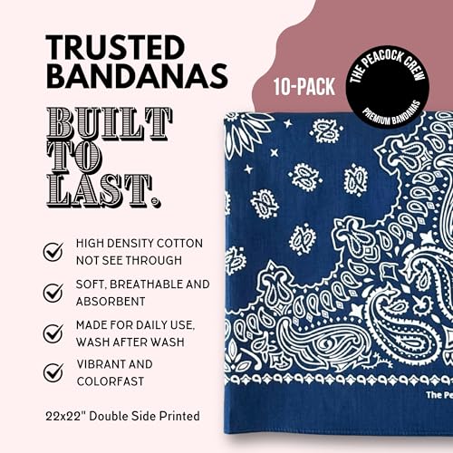 The Peacock Crew Premium Soft Cotton Bandanas Pack for Men and Women Paisley 22 x 22 inches - color: Pack of 10 Navy Blue
